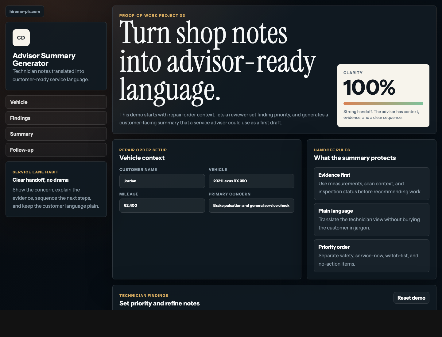 Advisor summary generator interface screenshot